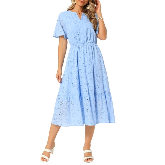 INSPIRE CHIC Edition Women's Lace Eyelet Dresses Summer Notched Neck Short Sleeve A Line Flowy Beach Midi Dress S Sky Blue