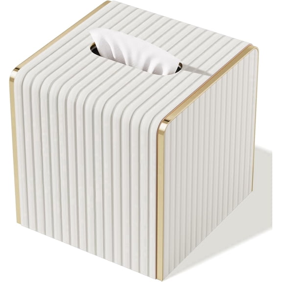 MORAVE White Square Leather Tissue Box Cover, Gold-Tone Edging, Modern Decorative Holder for Bathroom Bedroom Living Room Table Desk Office