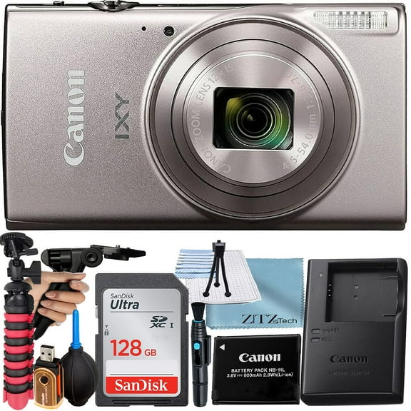Canon PowerShot IXY 650 (ELPH 360) HS Digital Camera (Silver) with 12x Optical Zoom Lens + 128GB Memory Card + Tripod + ZeeTech Basic Bundle
