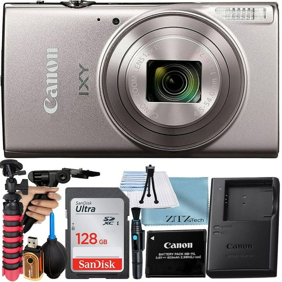 Canon PowerShot IXY 650 (ELPH 360) HS Digital Camera (Silver) with 12x Optical Zoom Lens + 128GB Memory Card + Tripod + ZeeTech Basic Bundle