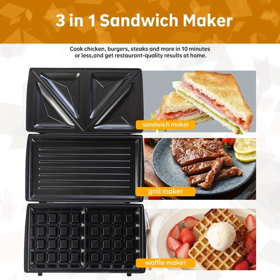 3-in-1 Toaster, Sandwich Maker & Waffle Grill - Dual-Sided Heating, Detachable Plates, Smart Temperature Control, 1000W Compact Breakfast Machine for Home & Small Kitchens