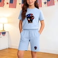 thumbnail image 2 of Kids Light Blue 4th of July Patriotic American Flag T-Shirt and Shorts Set, Unisex Cotton Crew Neck Summer 2 Piece Outfit for Boys Girls,Size 9 T, 2 of 9