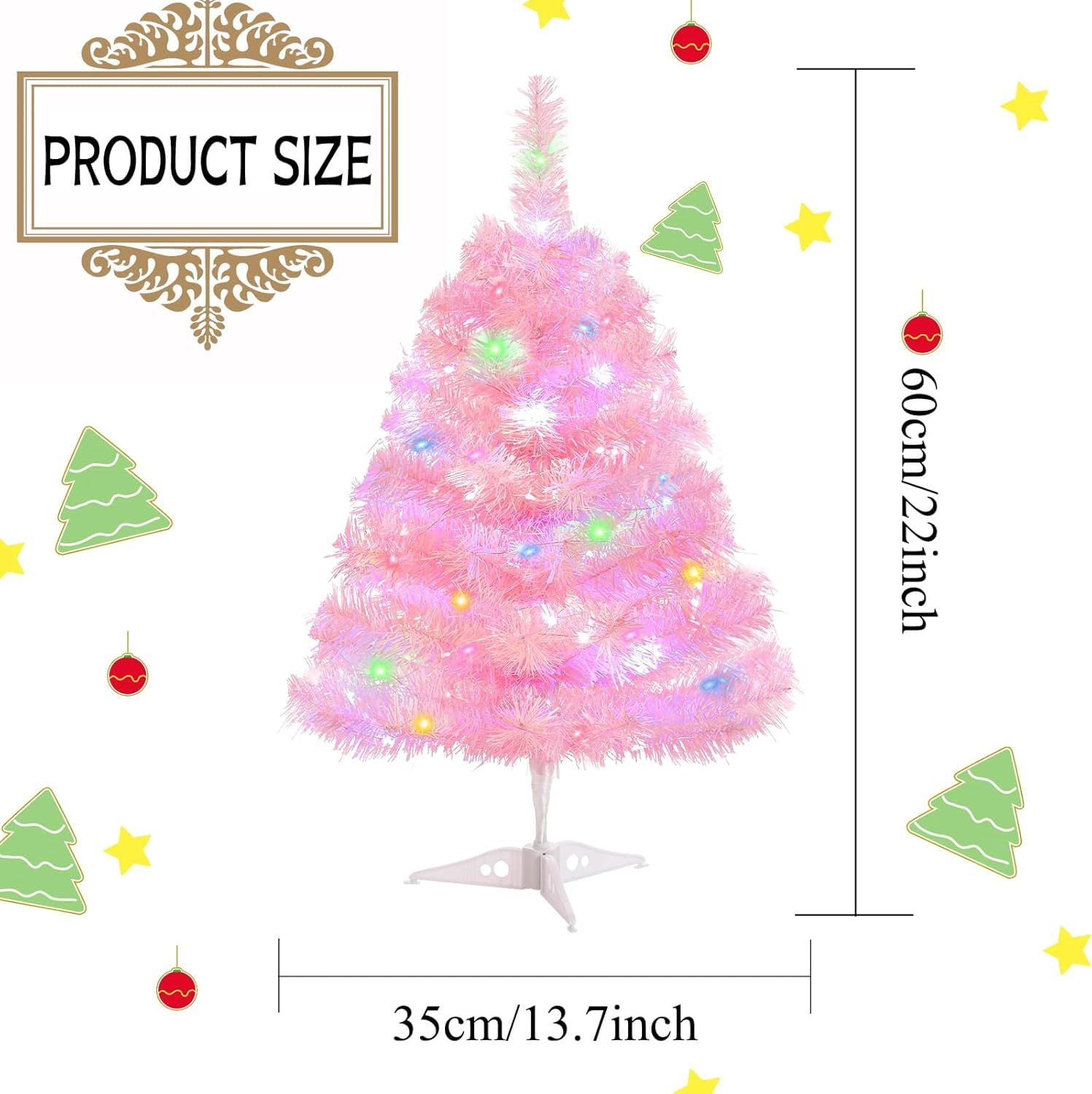2FT Artificial Christmas Tree with Lights, Lighted Pink Tabletop Christmas Tree with Plastic Stand Light Up Battery Operated Mini Xmas Tree for Party Indoor Outdoor Holiday Home Decoration