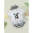 thumbnail image 3 of Franhais Baby Girls 3 Pcs Clothes Sets, Letter Cow Head Print Short Sleeve Tassels T-shirt Spot Pattern Shorts with Headband, 3 of 8