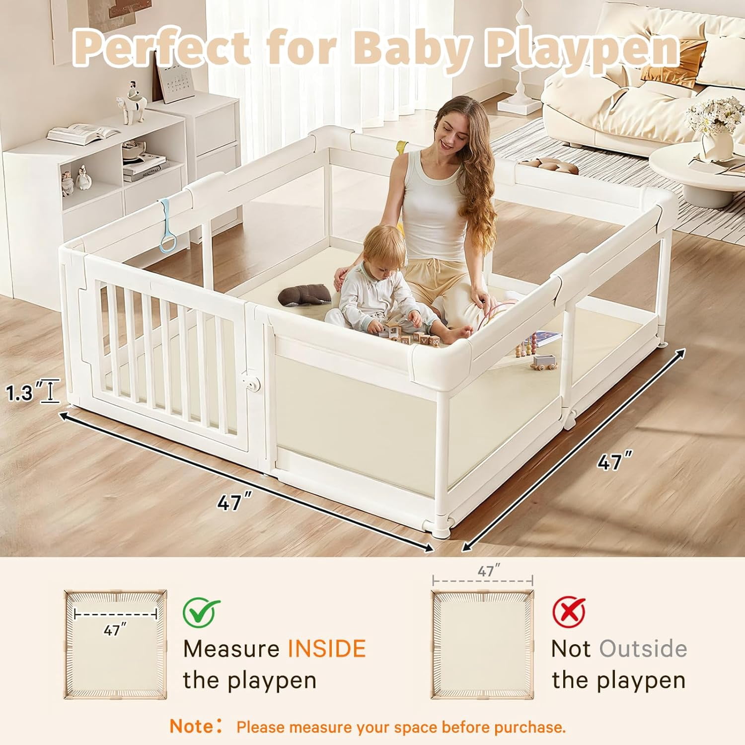 Waterproof Baby Play Mat for Floor Memory Foam 47 * 47 Cushion Playpen Playmat Tummy Time Crawling Mat Nursery Rug Thick Pad Create Soft & Safe Area for Infants,Toddler,Kids,Beige