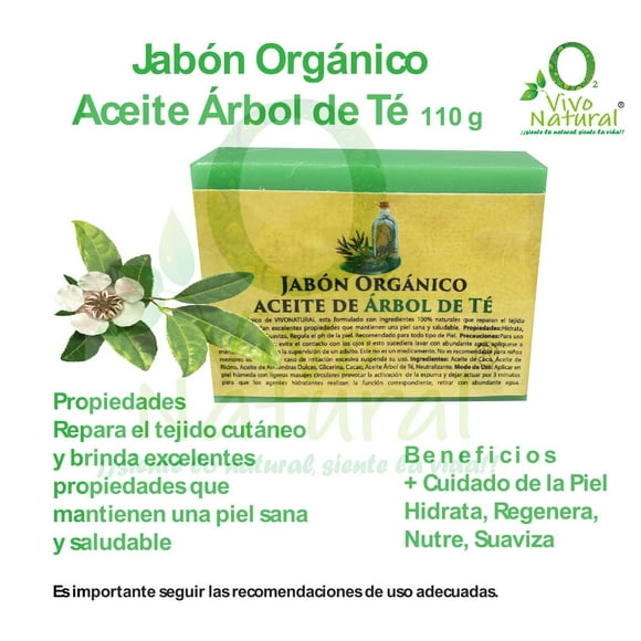 Jabón Orgánico con Aceite Esencial de Árbol de Té VIVONATURAL 110 g Ayuda al cuidado de piel. Hidrata, Regenera, Nutre y Suaviza