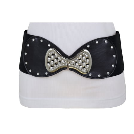 Women Wide Black Elastic Fashion Belt Bling Bow Tie Buckle S M