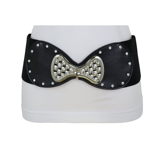 Women Wide Black Elastic Fashion Belt Bling Bow Tie Buckle S M