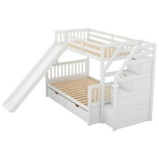 Euroco Wood Twin over Full Bunk Bed with 2 Drawers and Slide, Storage Staircase for Bedroom, White