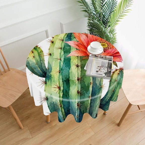 RKSupls 60 Inch Round Tablecloth, Watercolor Cactus Flower Premium Polyester Straight Edge Wrinkle Resistant Washable Table Cover for Party Home Dining Decor