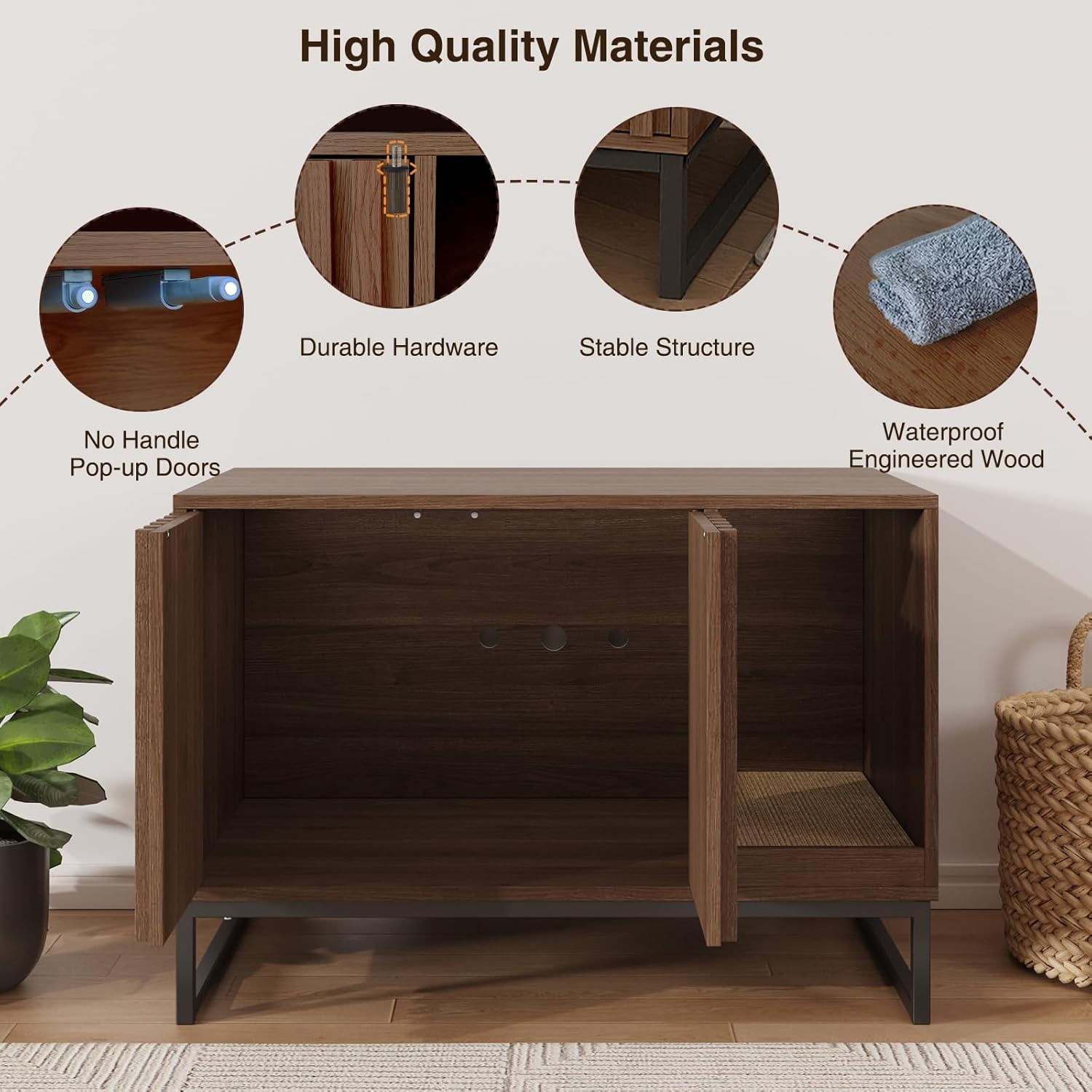 Vabches Hidden Cat Litter Box Enclosure Furniture, Multi-Functional Cat Washroom Bench with Cat Scratching Pad and Fluted Doors