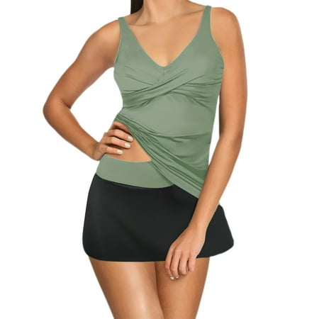 MSJUHEG Tankini with Skirt Plus Size Swimsuit for Women Bathing Suit Tops for Women Tankini Bathing Suits With Skirt Tankini Swimsuits for Women Tankini Swimsuits for Women Army Green S