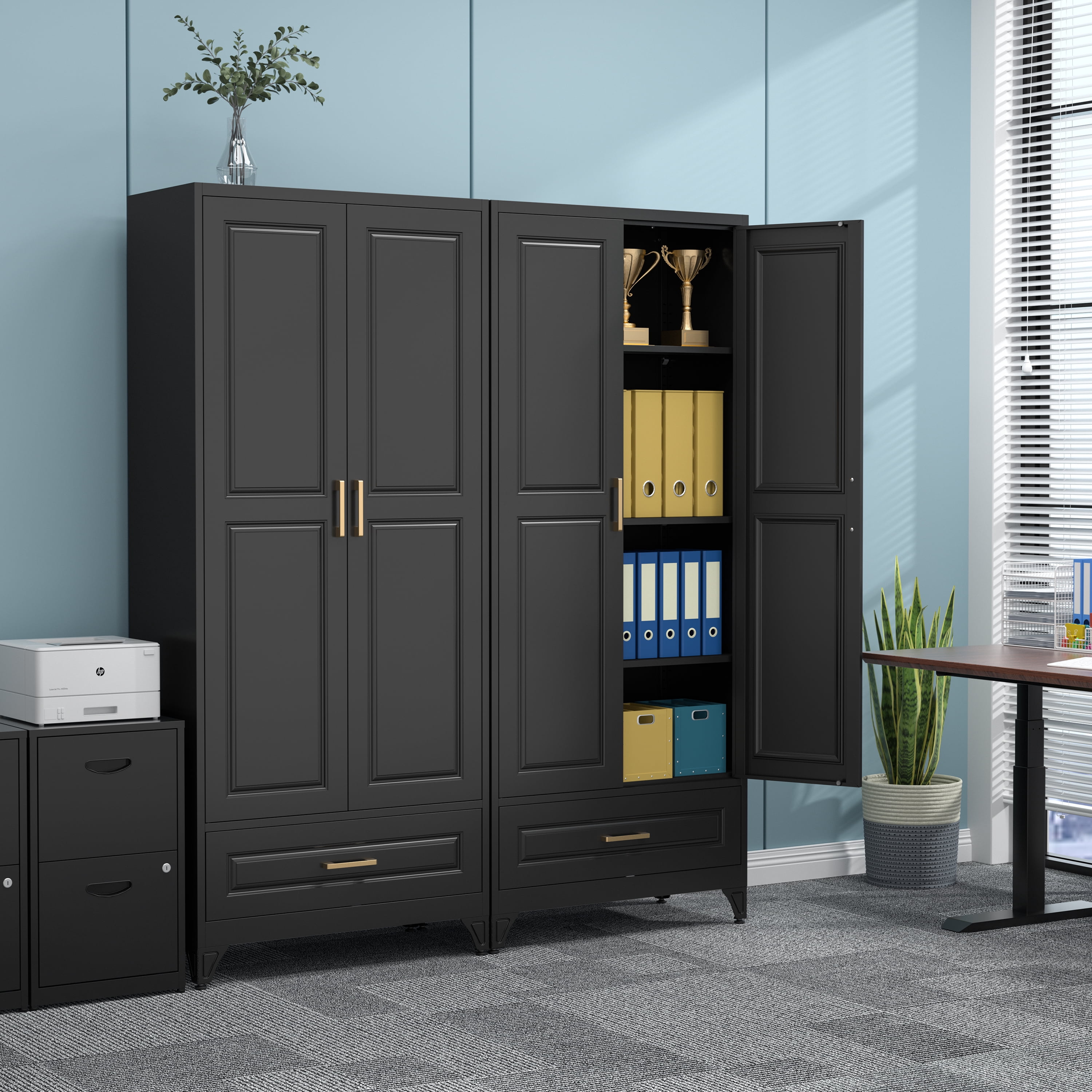 Polup 75"H Kitchen Pantry Cabinet, Metal Pantry Cabinet with Drawer, Storage Cabinets with Adjustable Shelves, Black Food Cupboards, Adult