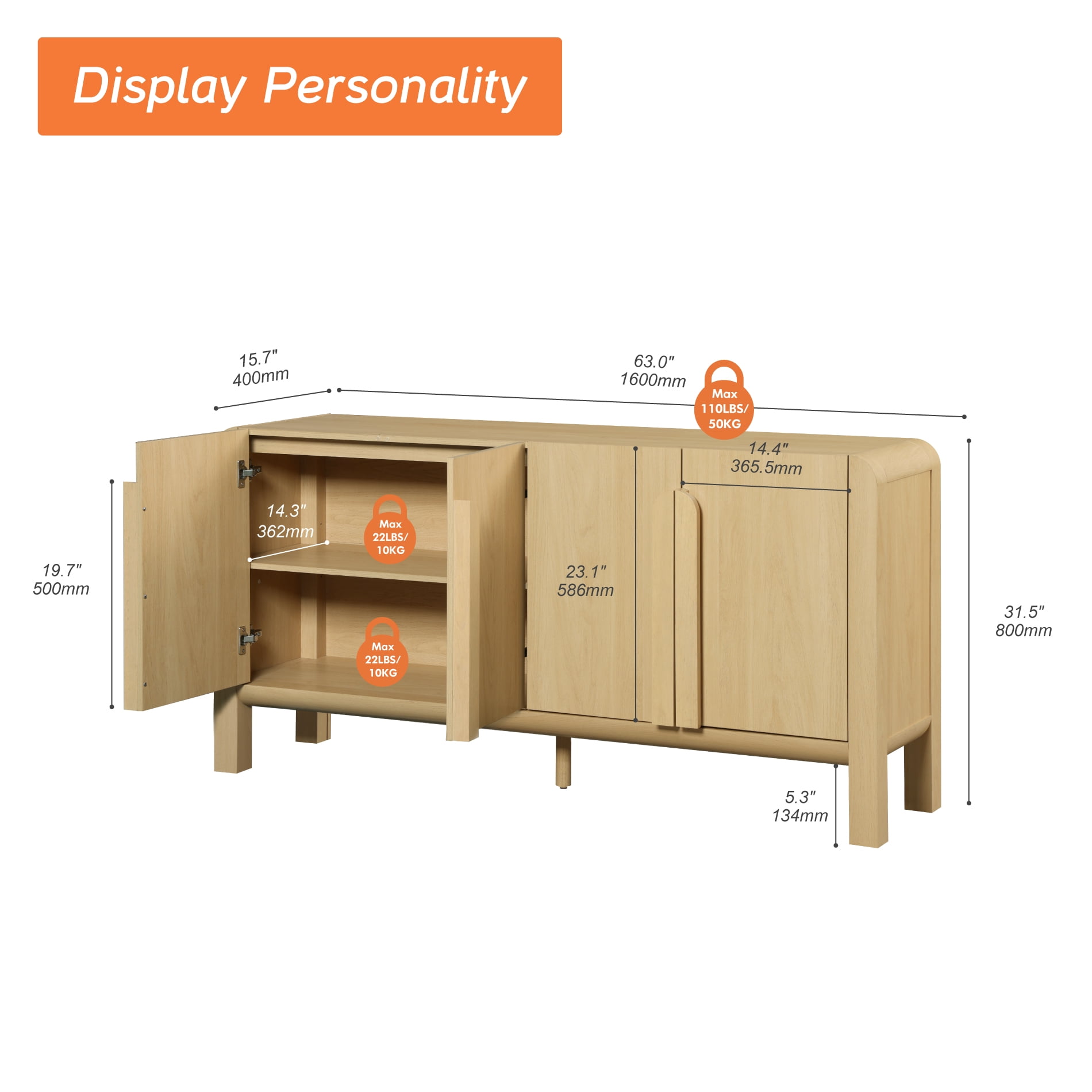 Modern 63" Wooden Sideboard Buffet Cabinet with Storage, Mid-century Credenza with Doors and Adjustable Shelves for Kitchen Living Room, Dining Room