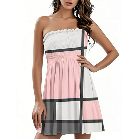 OAMDNDEA Off the Shoulder Dresses for Women Boho Vacation Sundresses Strapless Color Block Beach Cover Ups Trendy Plus Size Short Dress Beach Vacation Clothes Multicolor 3XL