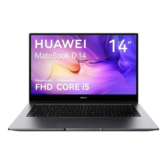 laptop huawei matebook d14 core i5-11557 11th gen 16gb ram 512gb ssd Space Gray, vista frontal 3/4 con pantalla HUAWEI FullView IPS de 14" FHD (1920x1080) y marcos delgados; cuerpo metálico Space Gray, teclado y trackpad centrados, botón de encendido con sensor de huellas visible, cámara 720p en el marco superior. Especificaciones claves en uso: Intel Core i5 11ª gen, 16GB RAM, 512GB SSD NVMe, gráficos Intel Iris Xe y Wi‑Fi 6; también adecuada para trabajo móvil y viajes.