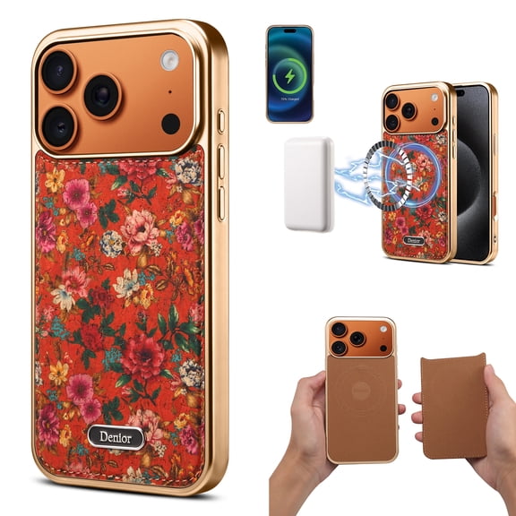 Case for iPhone 16, [Compatible with Mag-Safe] Luxury Slim Fit Thin Plating Drop Protective Cover for Women Girls, Floral Flowers Aesthetic Detachable Mangetic PU Leather Back Part, Red