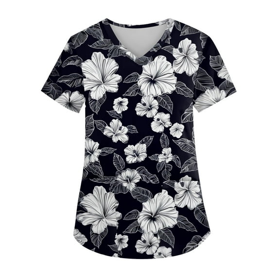 Scrub for Women Petite,Hawaiian Print Scrub Tops - Stretch V-Neck with Reinforced Pockets for Medical Use - Black - XXXXL