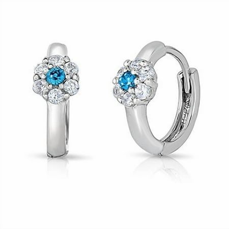 Tilo Jewelry 925 Sterling Silver Flower Huggie Hoop Earrings with Blue CZ Birthstone | December-Blue Topaz | Small 13mm Dainty Huggie Earrings for Women & Unisex