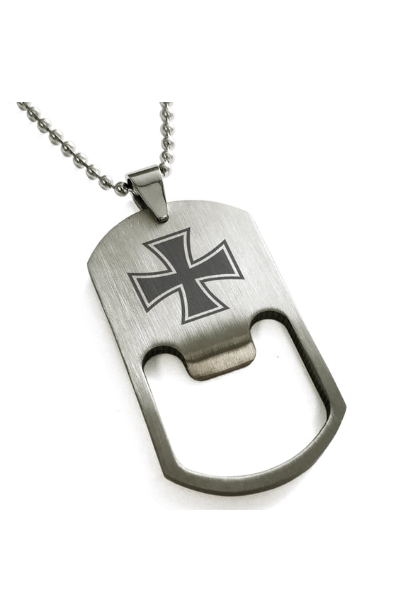 Stainless Steel Pattee Iron Cross Engraved Bottle Opener Dog Tag Pendant Necklace