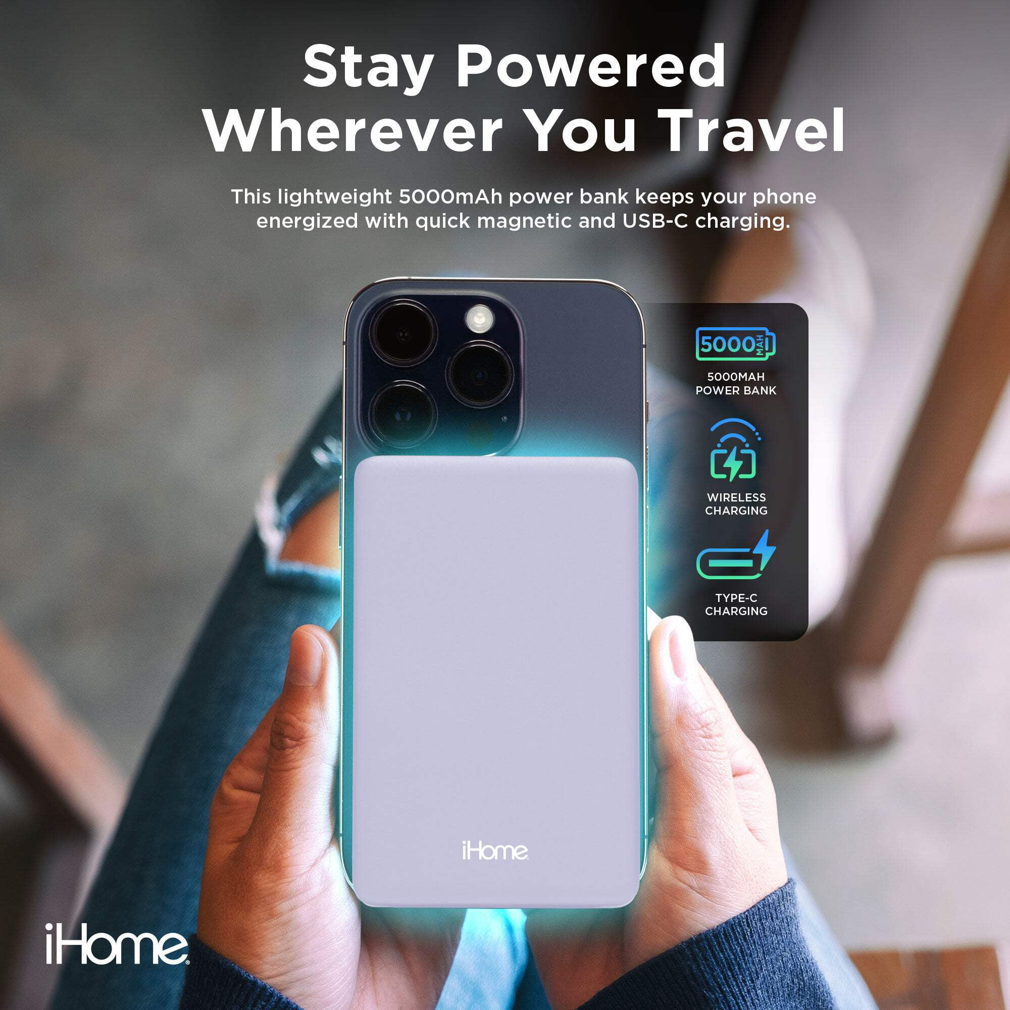 iHome 5000mAh Magnetic Portable Power Bank, Wireless Charging, USB-C Input/Output, MagSafe Compatible for iPhone 12 & Newer