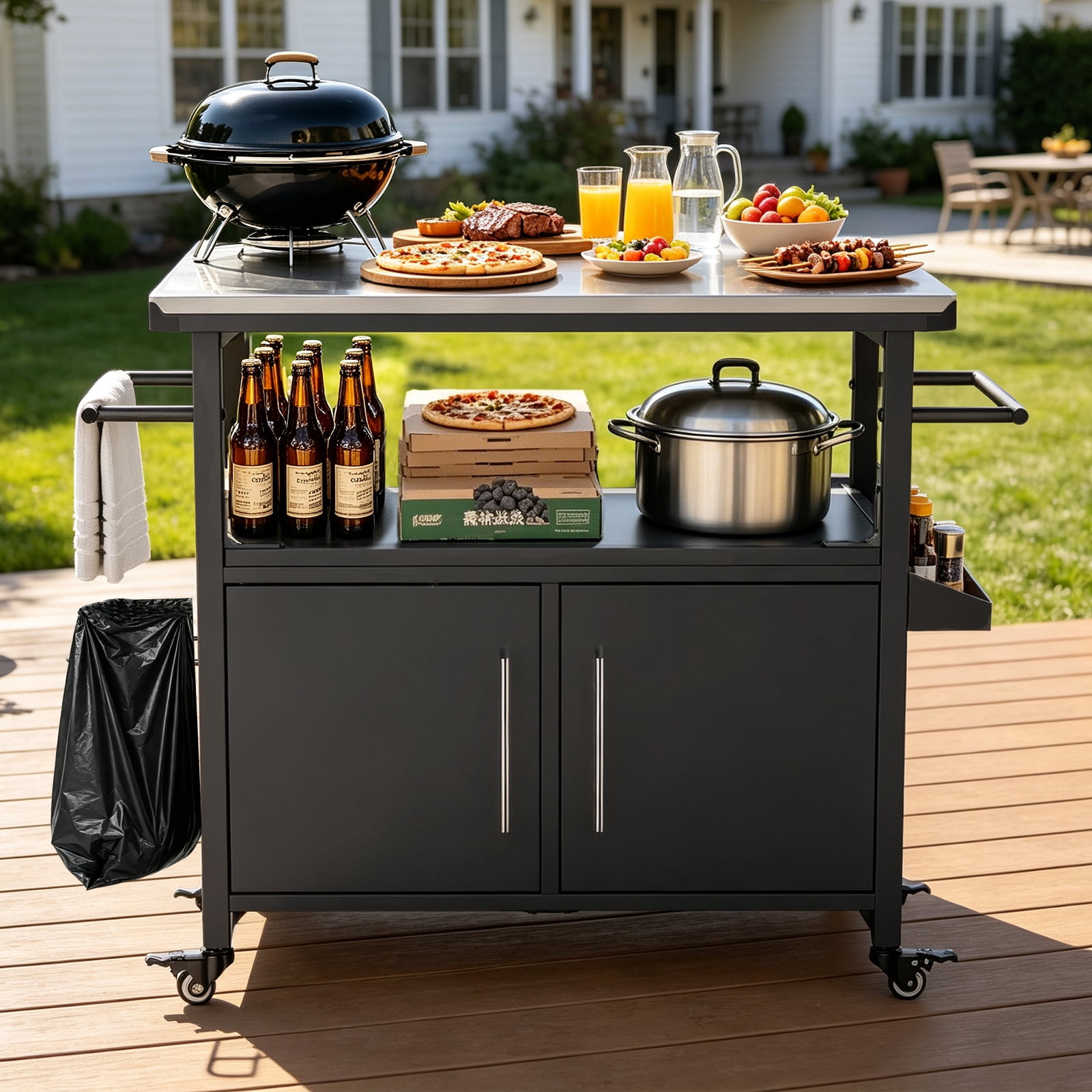 Outdoor Grill Cart with Patio Furniture, Outdoor Grill Table with Storage, Rolling Bar Cart Outdoor BBQ Cart with Towel Rack and Spice Rack for Grilling Accessories