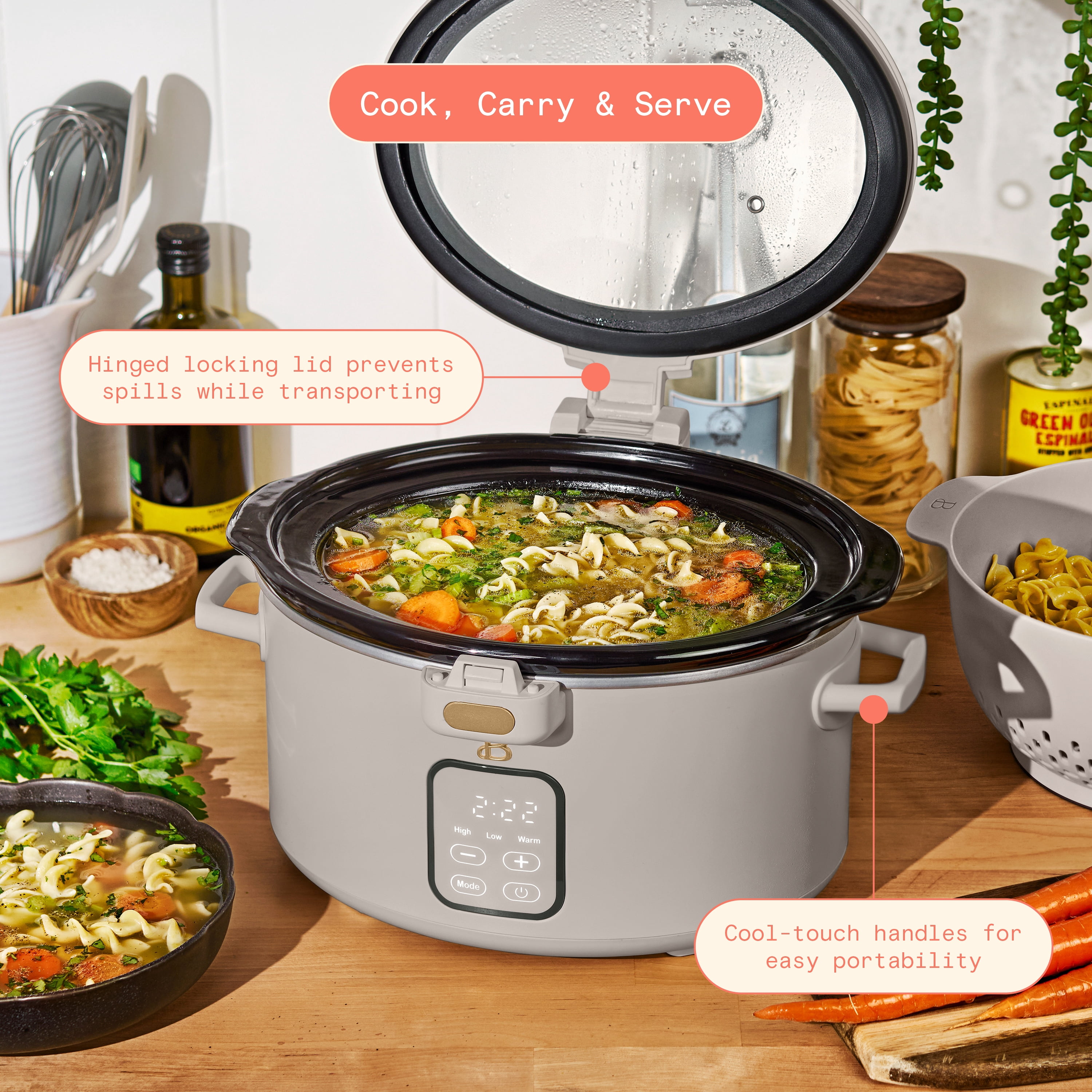 Beautiful 4 Qt Digital Slow Cooker with Hinged Locking Lid, Porcini Taupe by Drew Barrymore