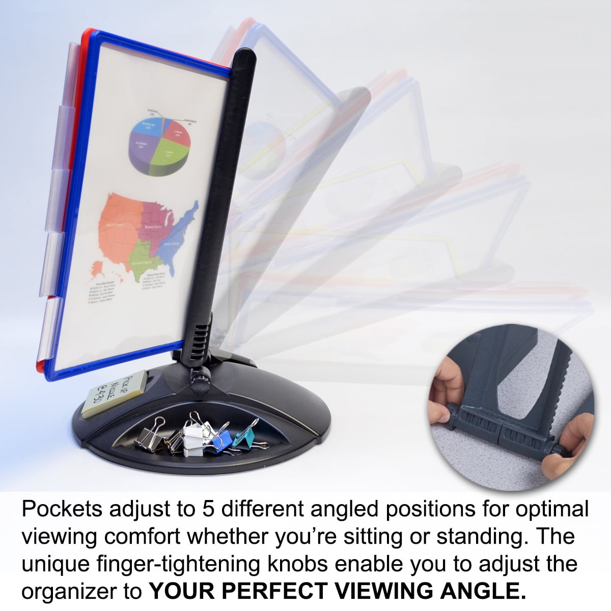Ultimate Office AdjustaView 10-Pocket Desk Reference Organizer with Supplies Storage Base and EZ-Load Pockets to Hold 20 Sheets of Paper, Includes Fast Find Indexing Tabs (Colored Pockets)