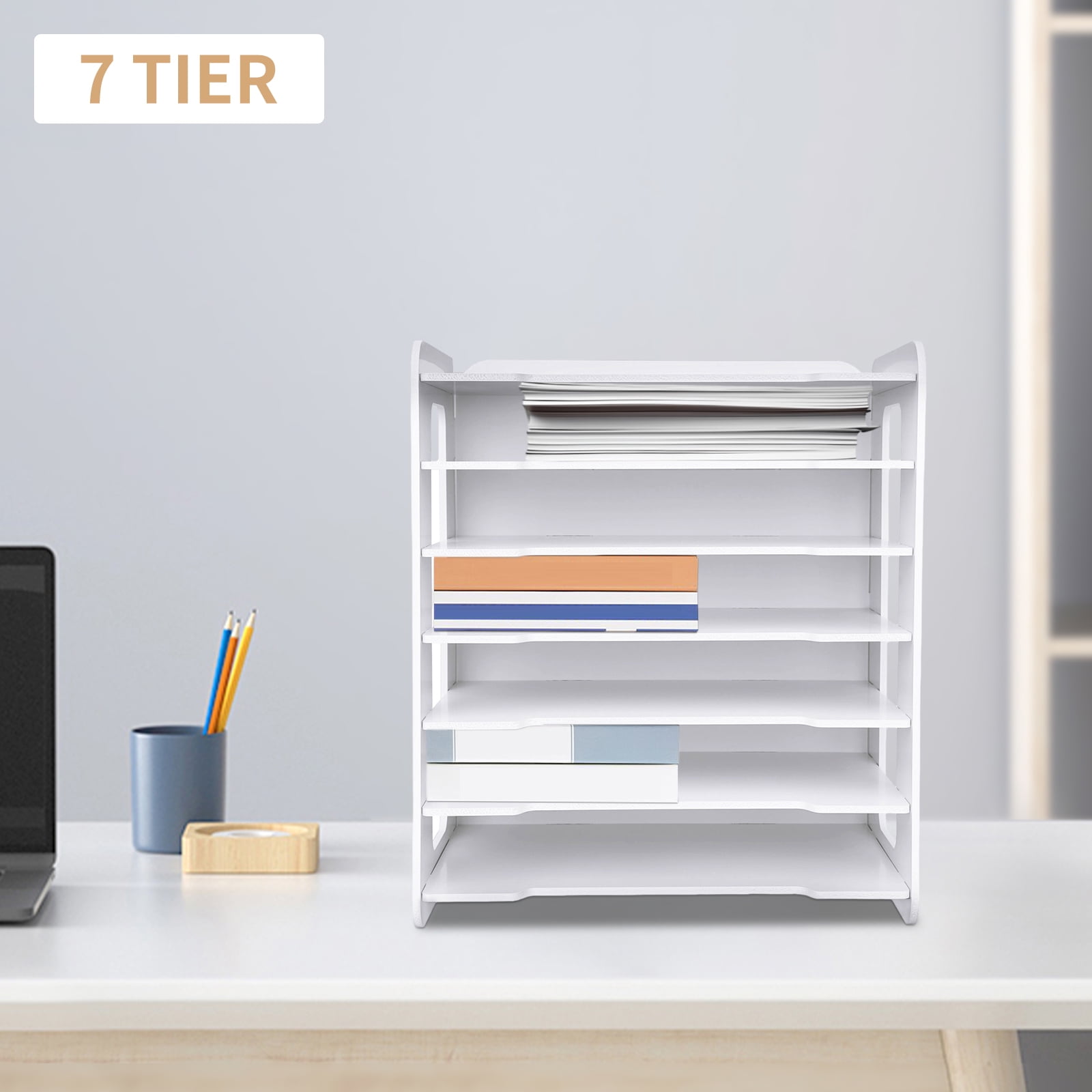 Desk File Organizer 7 Tier Paper Organizer Letter Tray Document Paper Sorter Storage Rack for Letter/A4 Office File Folder