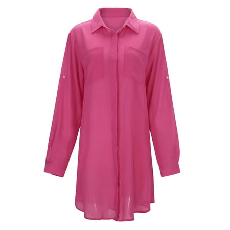 Women s Swimwears Cover-Ups Solid Color Wrinkled Fabric Pocket Button Beach Cover Up Bikini Shirt Swimsuit Cardigan Women Leisure Swimwear