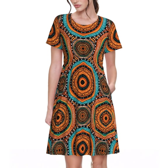 Defioc African Tribal Style Pattern Womens Summer Dresses Short Sleeve Sundress 2025 Beach Vacation Dresses with Pockets -Small
