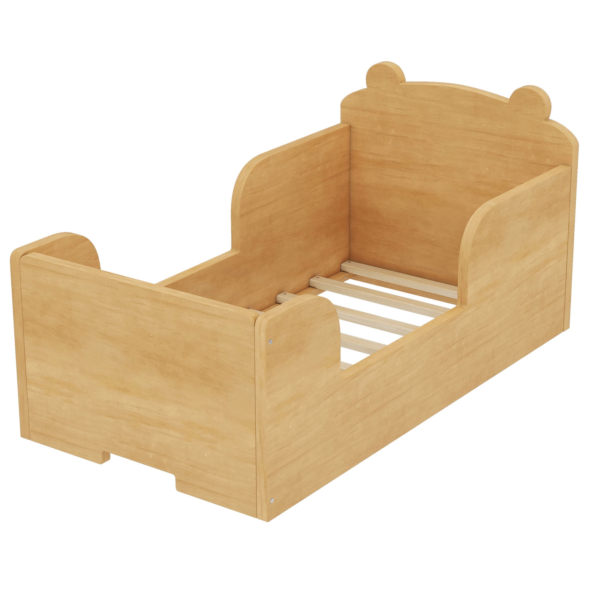 Aukfa Toddler Bed, Floor Bed Frame with Safely Rail and Bear Shape Headbroad for Kids Ages 2-6, Natural