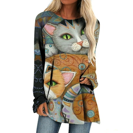 

Halloween Graphic Long Sleeve Tees for Women Novelty Print Round Neck Pullover Tunic Tops to Wear with Leggings
