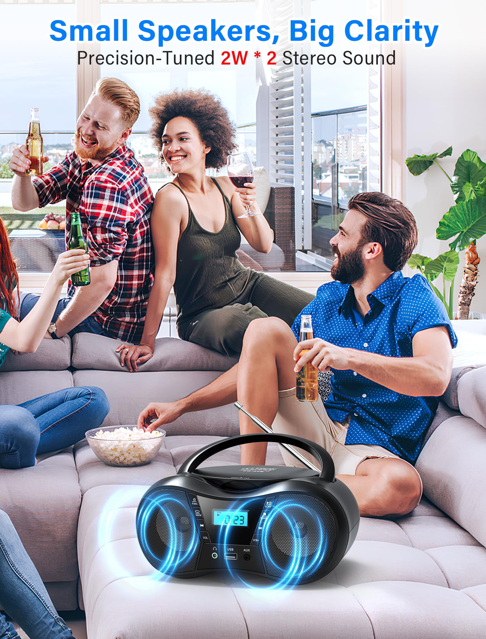 Greadio Portable CD Player Boombox with Bluetooth 5.1, FM Radio,Stereo Sound ,USB/AUX Input,AC/Battery Powered,CD/CD-R/CD-RW Compatible,3.5mm Headphone Jack,Sleep Timer for Home,Seniors,Kids