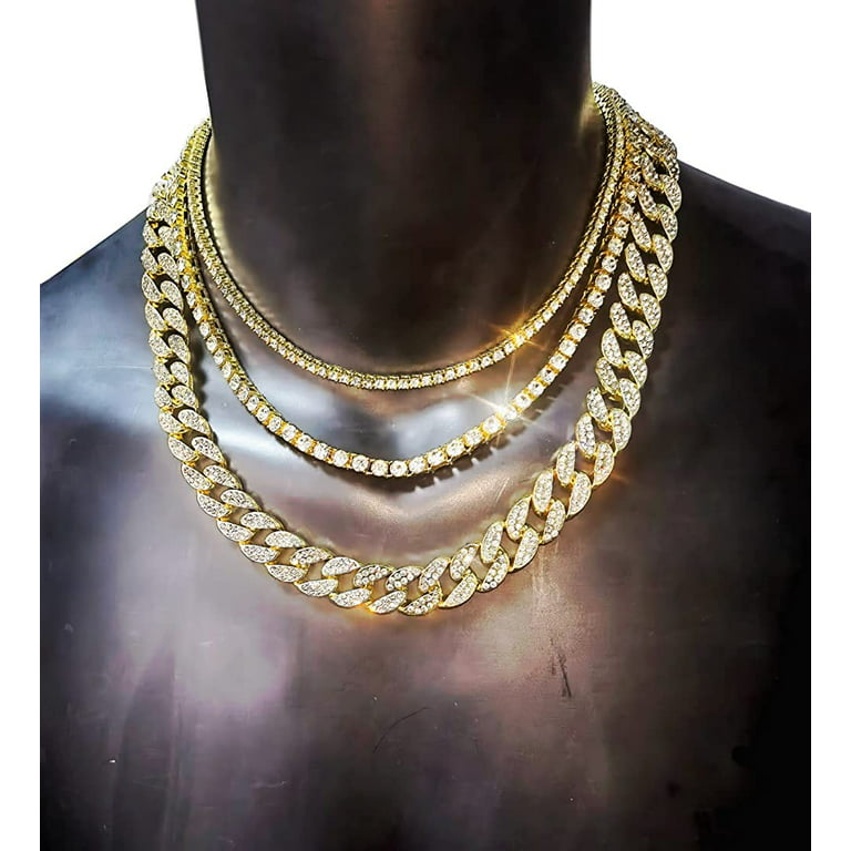 HH Bling Empire Gold Tennis and Cuban Link Chain for Men,Iced Out Mens  Diamond Cuban Chain Necklace Sets,Hip Hop Rapper Jewelry Chains,3 Pcs  18/20/24