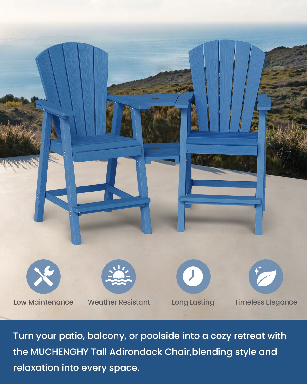 CIOKEA Tall Adirondack Chair Set of 2, All Weather HDPE Patio Chairs with Double Removable Connecting Trays for Balcony, Deck, Backyard, Patio, Garden, Blue