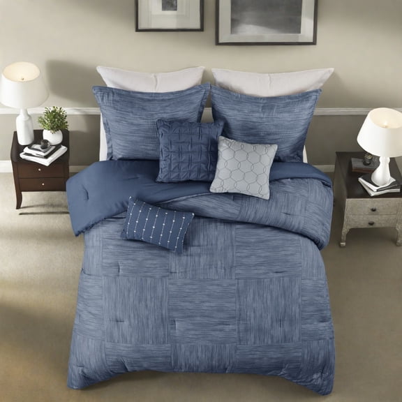 Modern Seersucker 7Piece Bedding Set Navy Comforter with Hypoallergenic Polyester Filling
