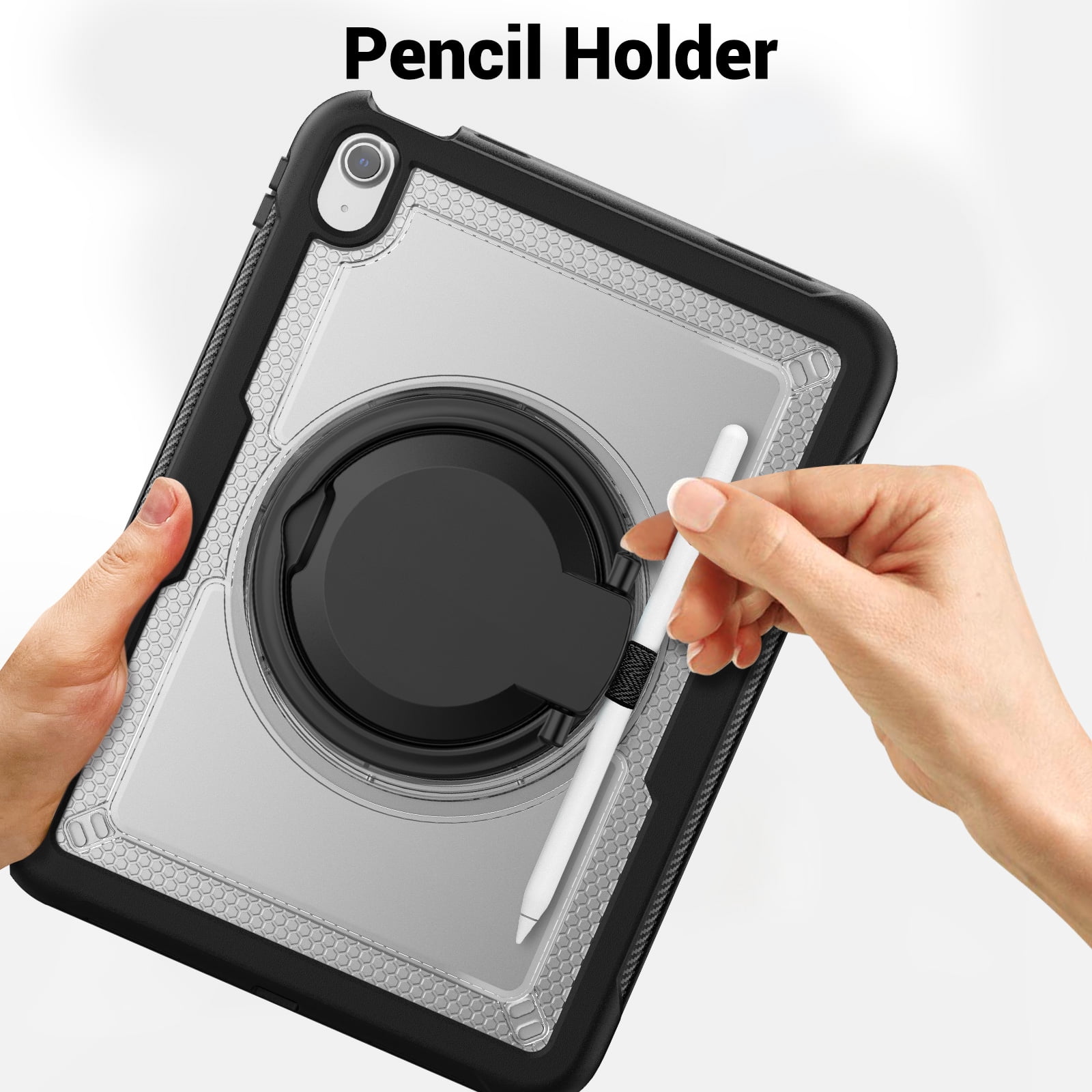 Shockproof Case for Apple iPad 11th 10th Generation 2025 2022, Rugged Hybrid Protective Cover with Pencil Holder & Shoulder Strap Kids Friendly Rotating Stand Case for iPad 11th 10th Gen, Clear