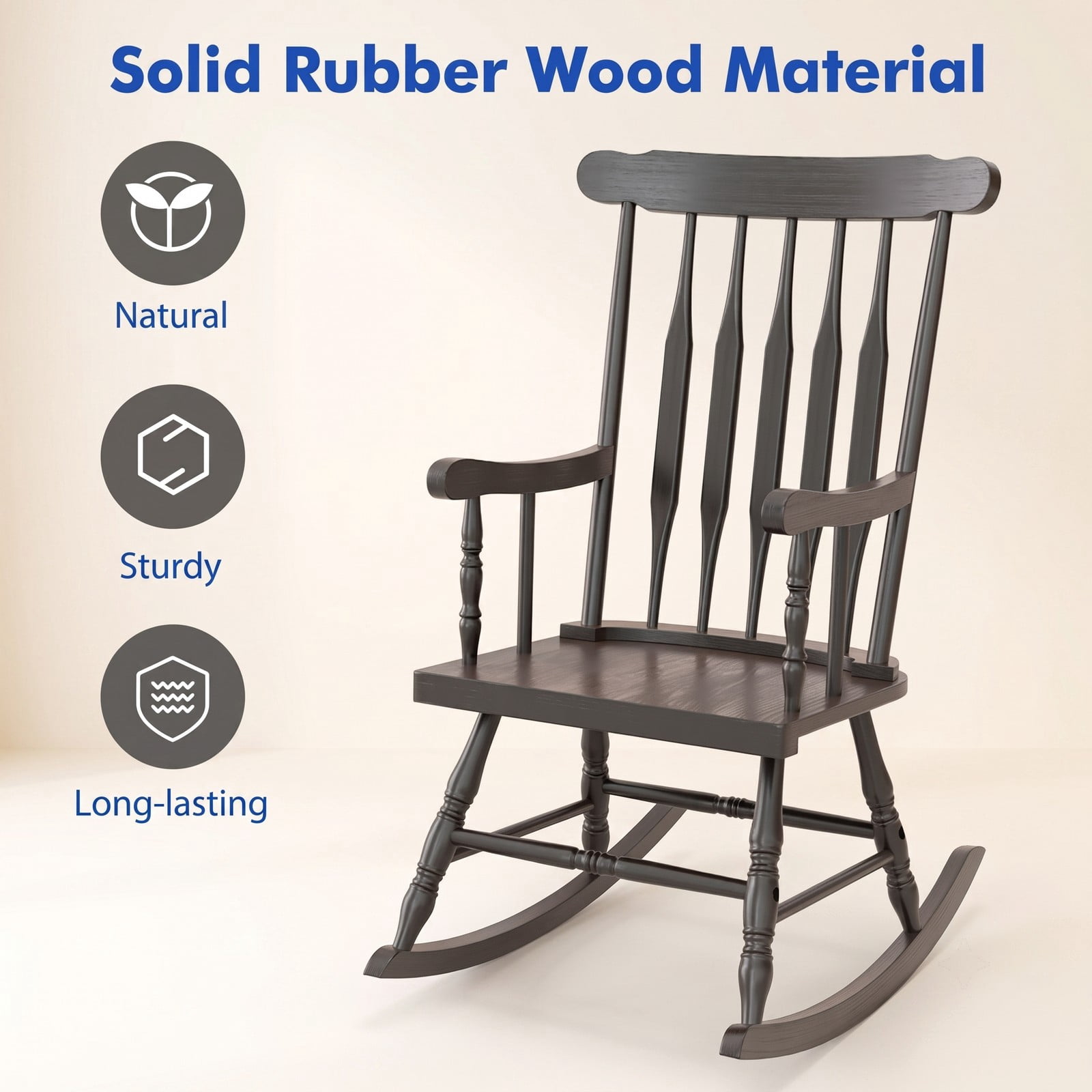 Furnibear Rocking Chair with Solid Rubber Wood Frame and Classic Spindle Back for Indoor Living Room, Front Porch and Patio, Brown
