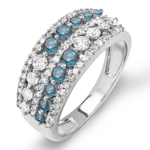Dazzlingrock Collection 1.15 Carat (ctw) 10k Round Blue And White Diamond Ladies Anniversary Wedding Band, White Gold, Size 9