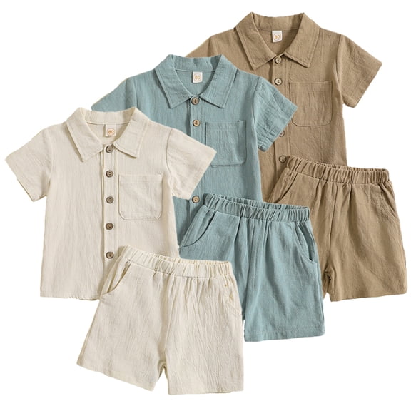 WOLLED Baby Infant Boys Cotton Linen Shorts Set Solid Color Short Sleeve Button down T-Shirt Tops and Shorts Summer Outfit Clothes for 6M-4T