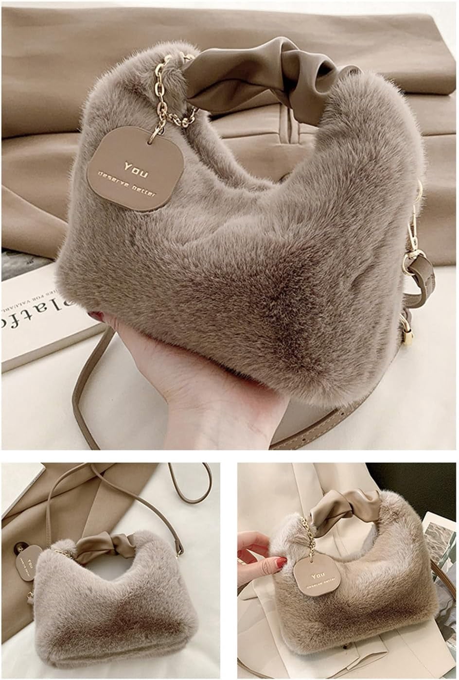 Women Fluffy Tote Bag Plush Shoulder Underarm Bag Faux Fur Crossbody Handbag with Strap Y2K Furry Purse Winter