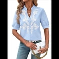 thumbnail image 3 of Camisas de Bordadas para Mujer, Blusa Informal de Corta con Cuello en V Azul XXL, 3 of 8