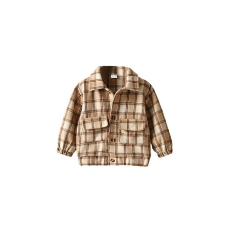 

Diconna Kids Toddler Baby Boys Girls Coat Plaid Print Long Sleeve Lapel Shirt Button Outwear Pockets Fall Clothes Coffee 5-6 Years