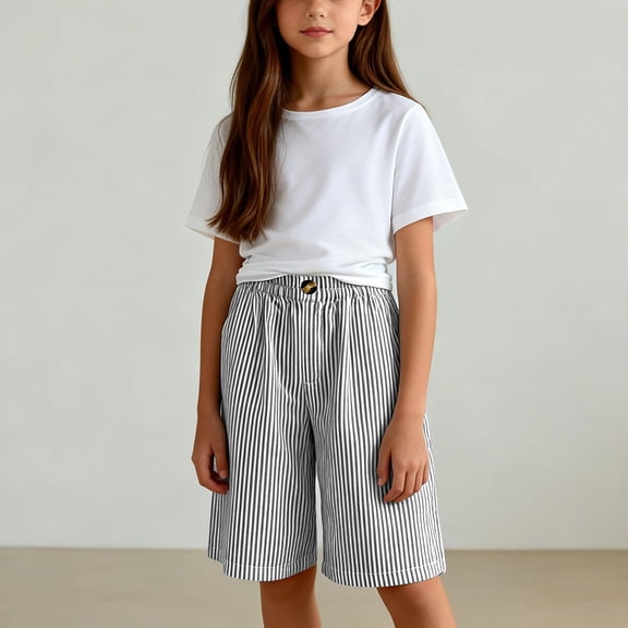 Girls Pants Size 5-6Y Kids Striped Elastic Waist Shorts Five Length Solid