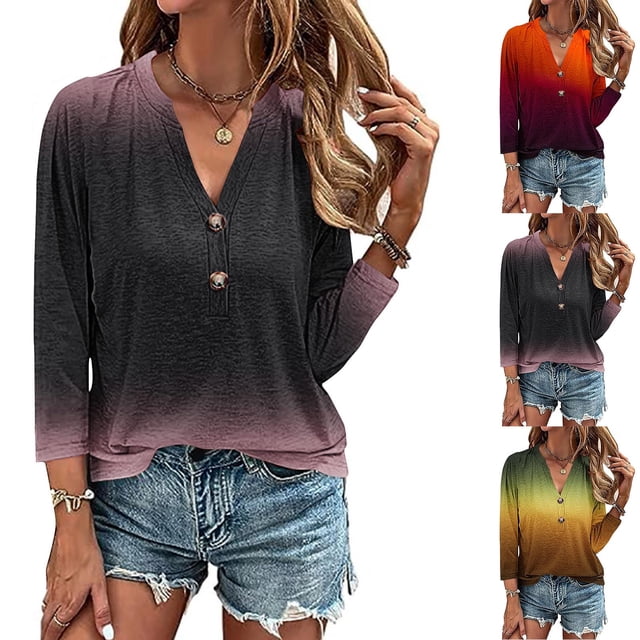 QIPOPIQ Womens Tshirts V Neck 3/4 Sleeve Buttons Tops Tee Solid Color Blouse Loose Fit Clearance