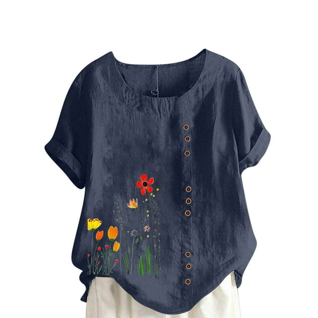 Blouse en Lin pour Femmes à Boutons Imprimé Floral Manches Courtes Tunique Décontractée Légère d'Été