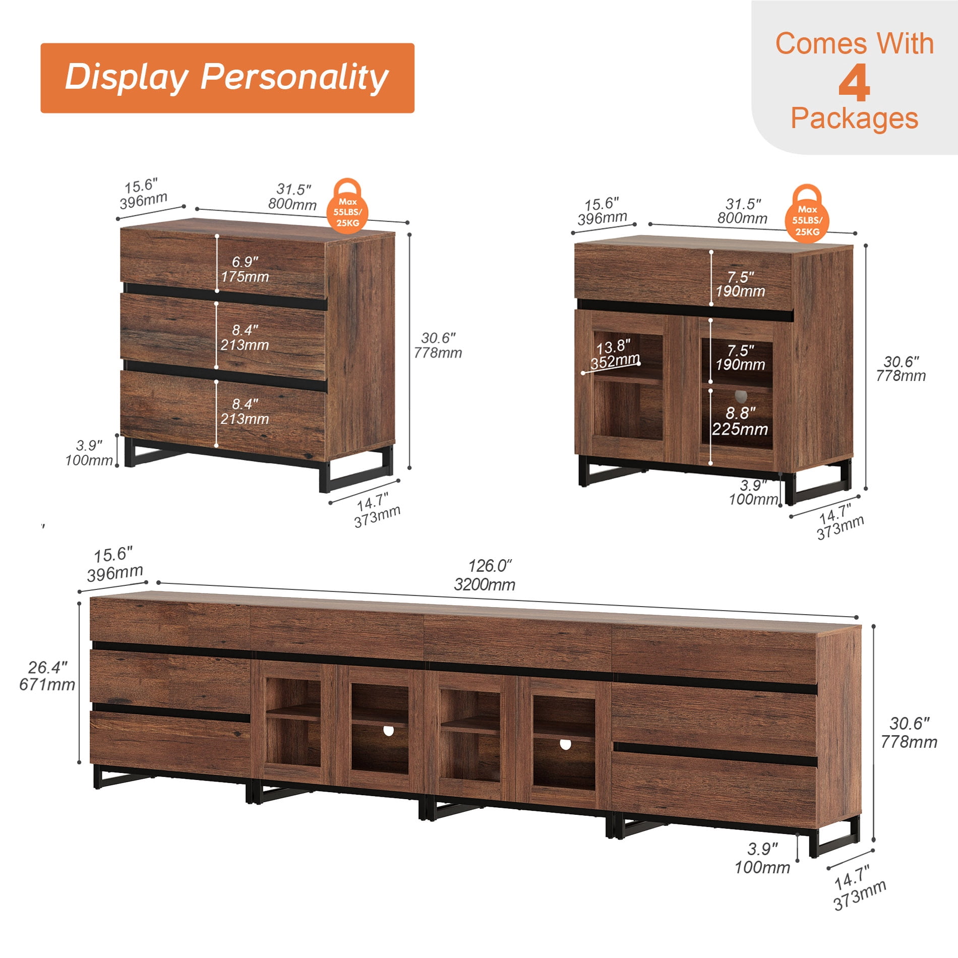 Modern 4-in-1 Sideboard Buffet Cabinet, Storage Credenza with 8 Drawers, Adjustable Shelf and Tempered Glass Doors, Metal Base Coffee Bar Cabinet for Home Decor,Brown