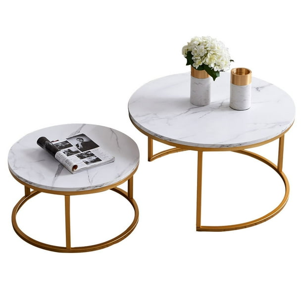 31 5in Two Round Coffee Table Sets End Set Faux Marble Modern Living Room Accent Side W Metal Frame Gold Com 31 5in Two Round Coffee Table Sets End, Round Coffee Table Sets
