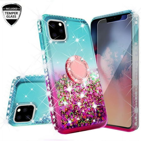 SPY Case for Apple iPhone 12 Pro Max Liquid Glitter Phone Case Cover Ring Kickstand/Neck Strap with Tempered Glass Screen Protector - Teal/Pink